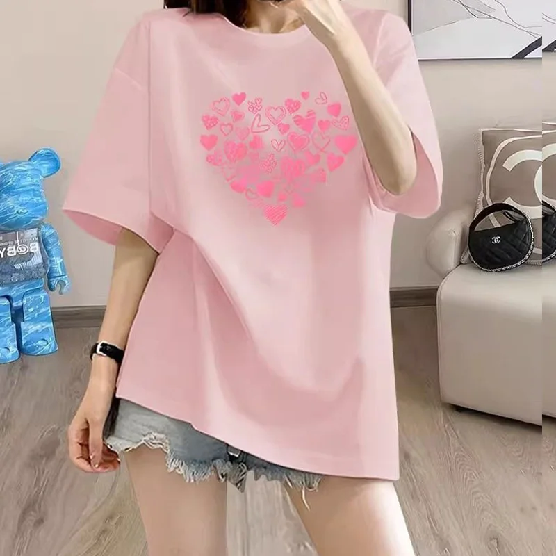 Women's Clothing Cheap Clothes Tshirt Summer Dopamine Color Little Heart Short Sleeve Casual Tee Lady Basic Versatile O-neck Top