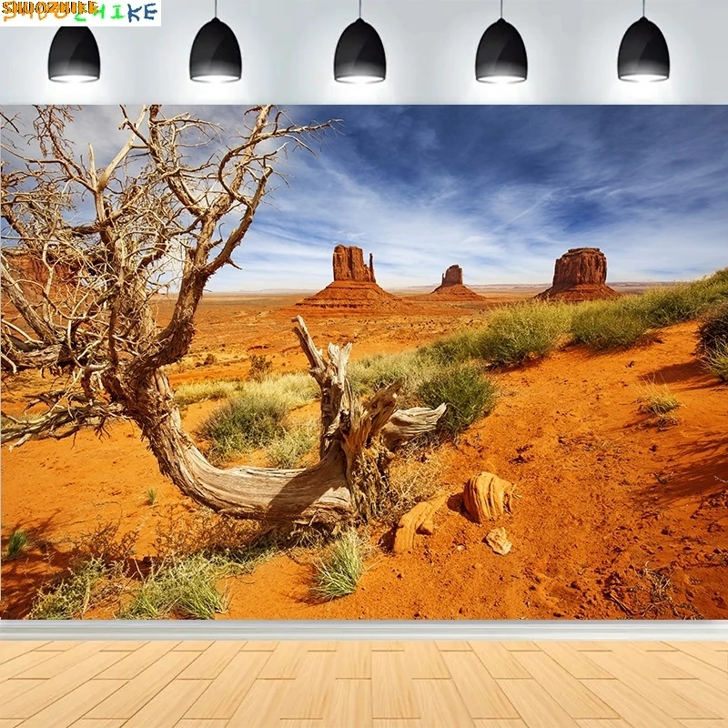 Desert Landscape With Bushes Trees Mountains Photography Backdrops Cactus Plant Joshua Rock Formations Photo Background RD-04