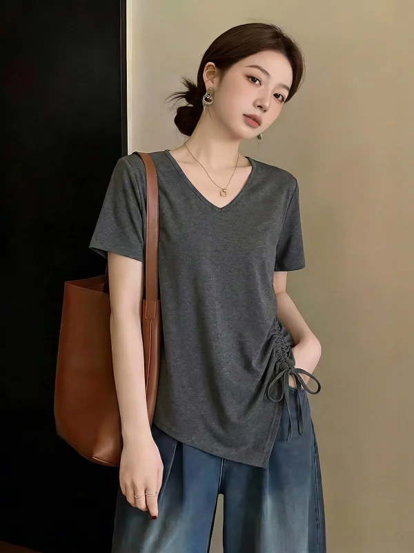 Unique V-Neck Short Sleeve T-Shirt Women's plus Size Irregular Drawstring Top Korean Style Commute Fashion Summer New Arrival