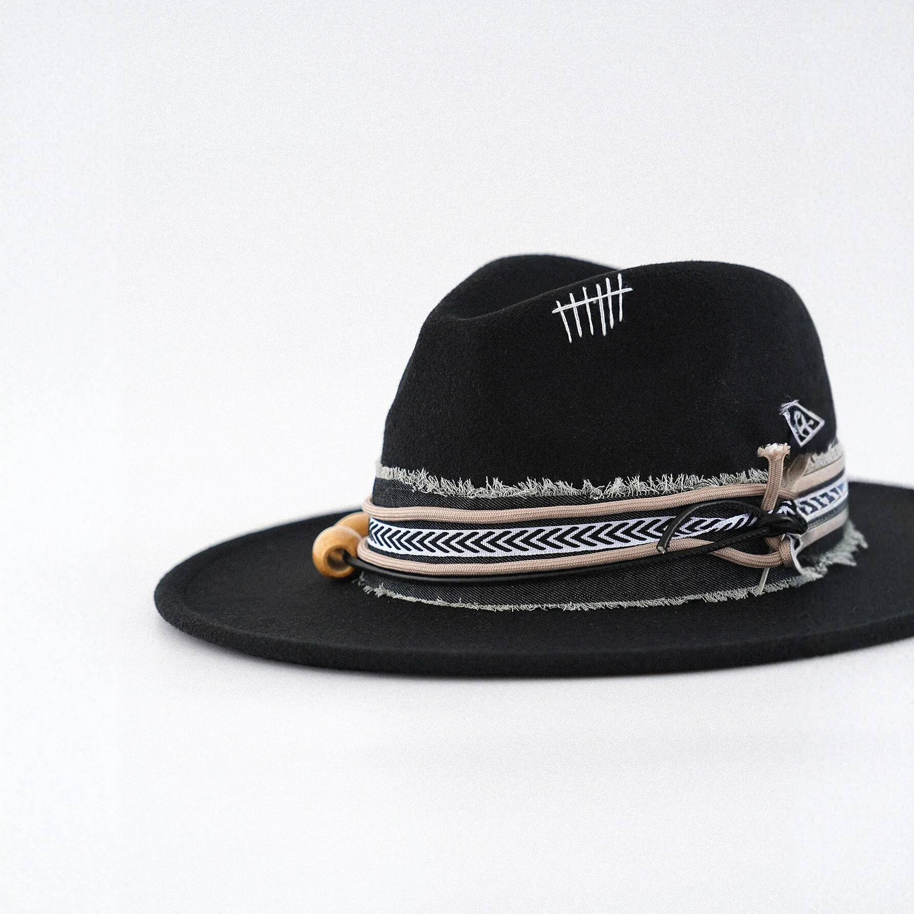 Vintage Black Felt Fedora Hat Women Men Feather Wooden Beads Distressed Band Cross Stitch Embroidery Boho Western Cowboy Caps