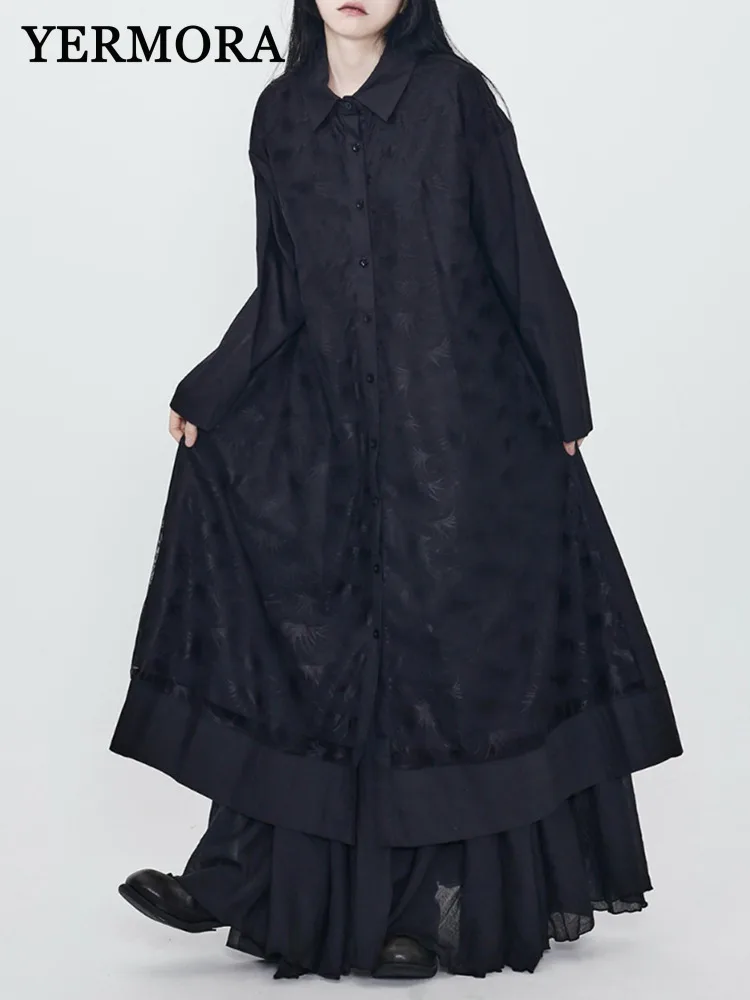 YERMORA Frauen Dreidimensionale Blume Gespleißt Mesh Hemd Kleid Revers Lange Hülse Lose Mode Flut Frühling Herbst 2025, Neue