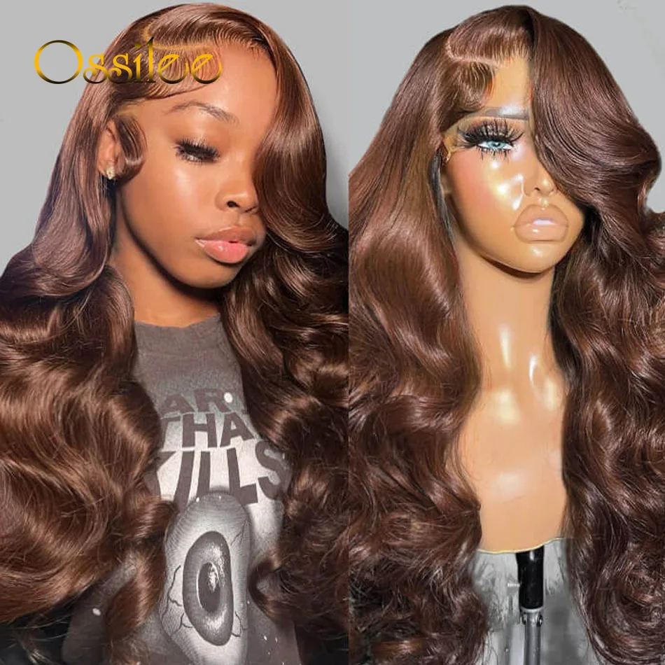 Ossilee-Brown Corpo Onda Perucas para Mulheres, HD Lace Frontal Perucas, Pré Arrancado, Cabelo Humano, 4 #, 13x6 HD