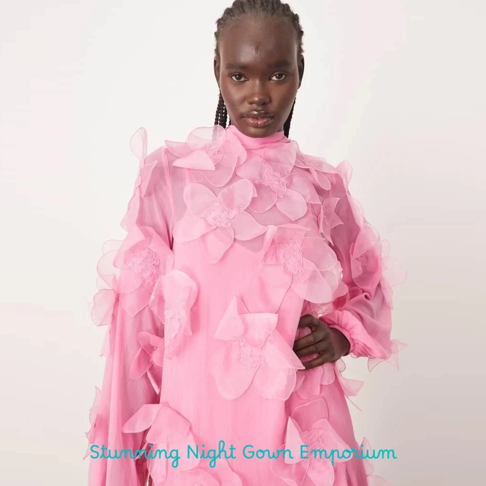 Fashion Chiffon Evening Dress High Collar Long Sleeves Customized Bespoke Occasion Gowns Delicate 3D Flowers Celebrity Gowns image 3
