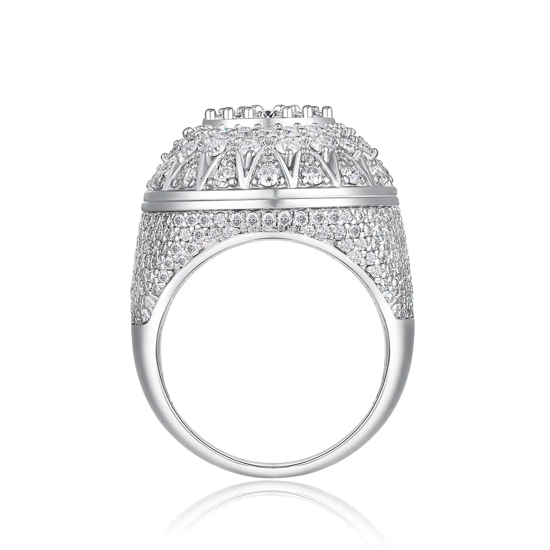 S925 Sterling Rhodium Plated Pave Round Moissanite Cuban Ring for Men,Custom Solid Gold&Lab Diamond Available