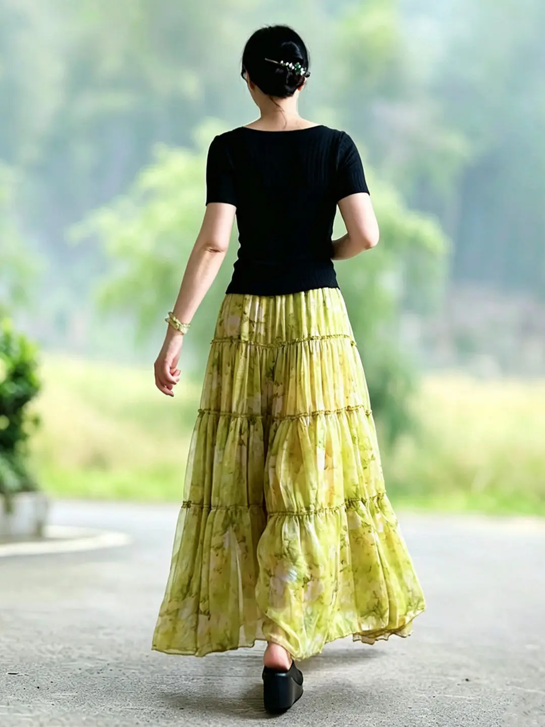 TIYIHAILEY-Women's Long Maxi Skirt,Printed  A-Line Elastic Waist,Chiffon Thin, Yellow, Spring, Big Hem Fashion, 2026 New Summer