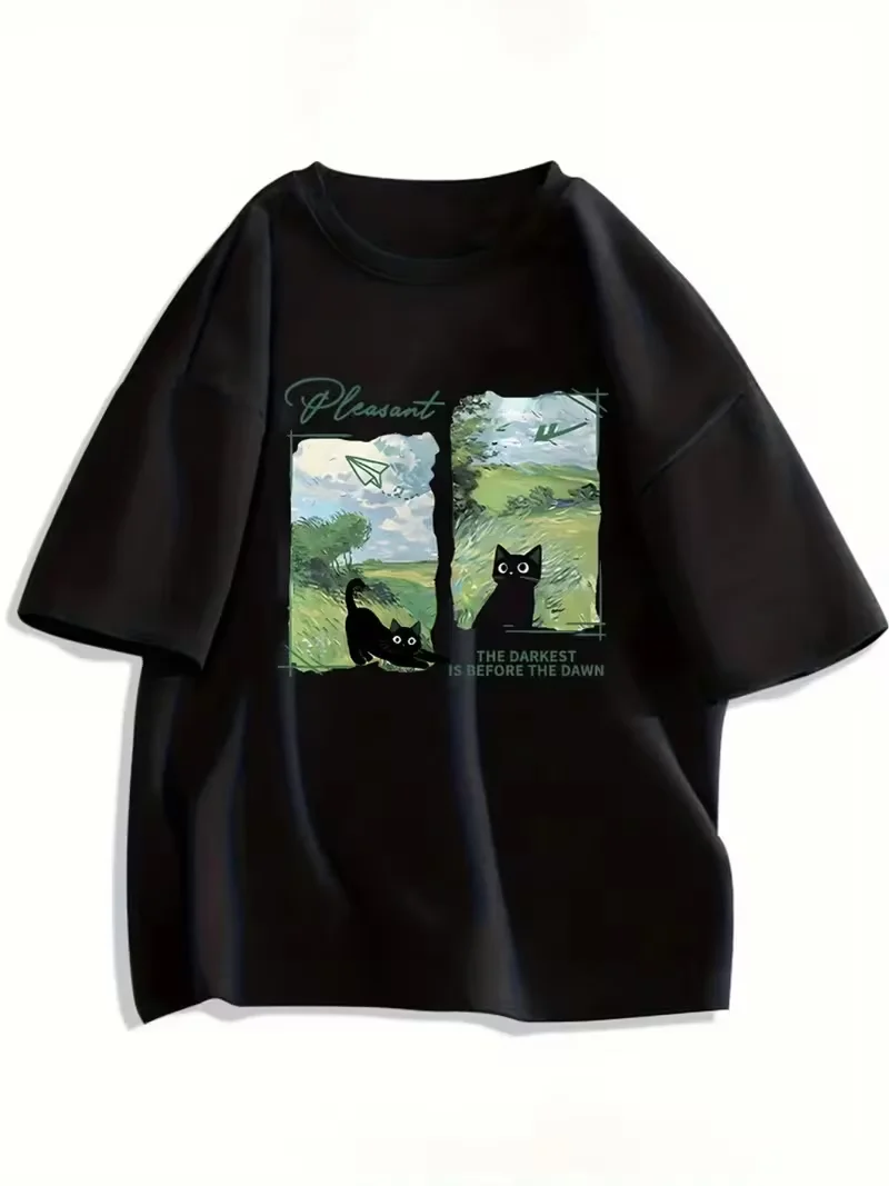 Cat Lover Gift Tee Women Y2K Summer Casual Top Darkest Before Dawn Design Black Cat Sky Playful Print Loose Round Neck Versatile