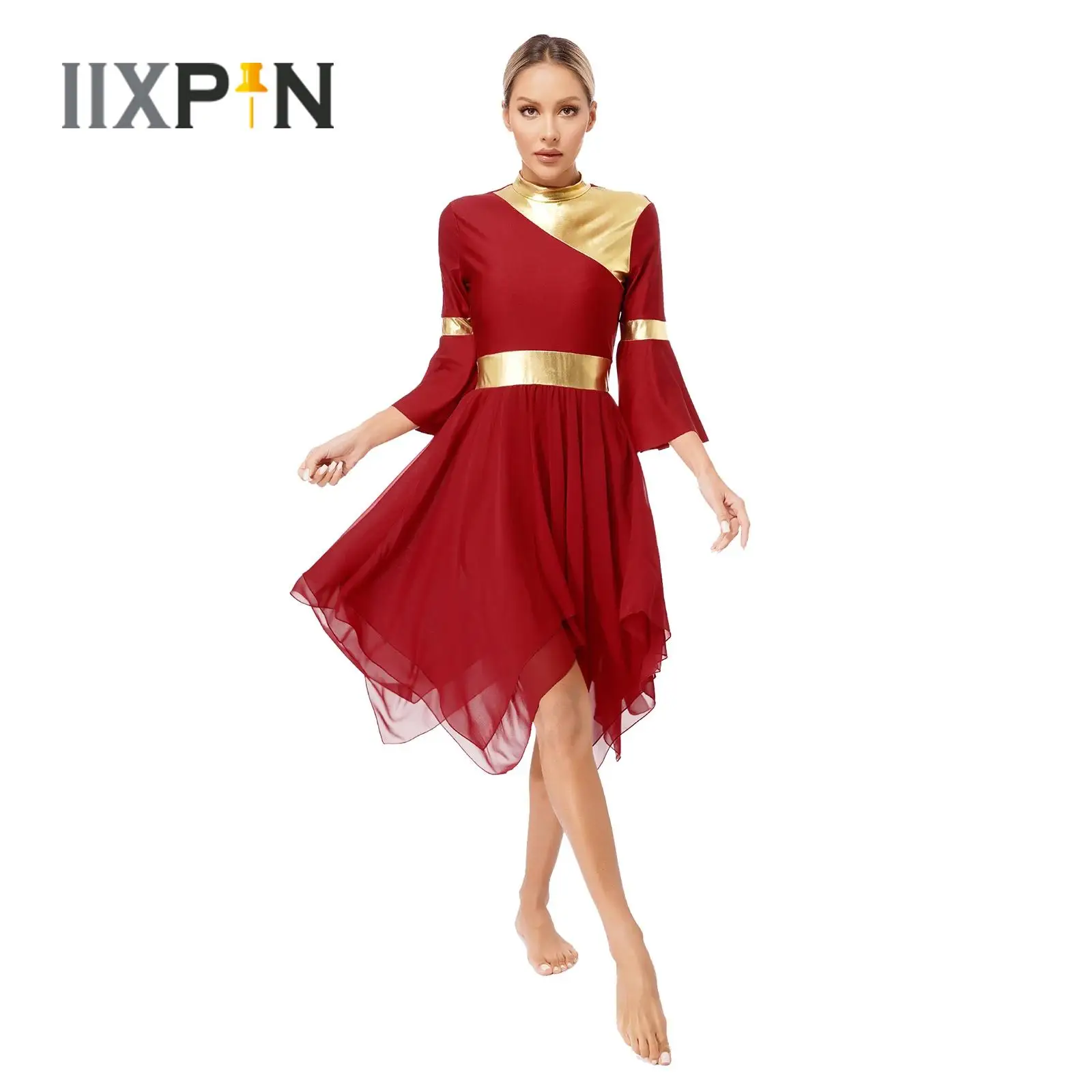 

Womens Liturgical Praise Dance Dress 2024 3/4 Flare Sleeve Contrast Color Patchwork Mock Neck Dresses Worship Modern Dance Wear