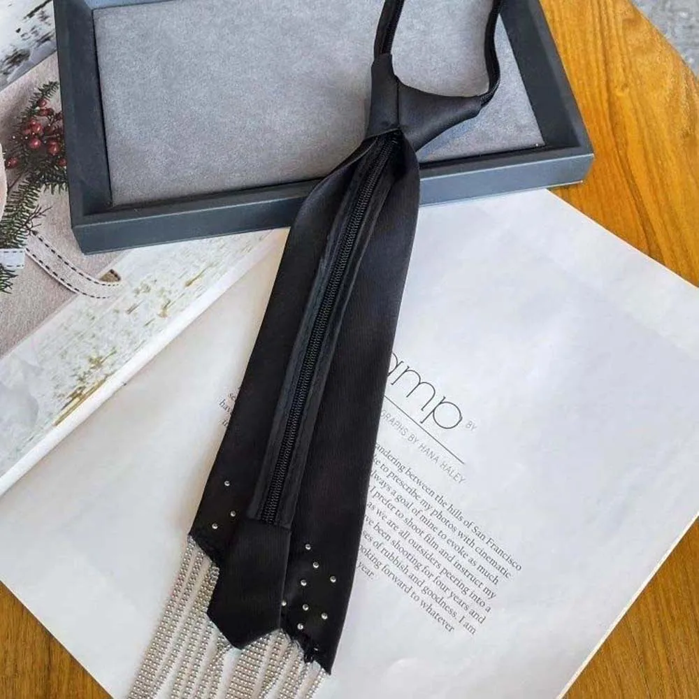 Elegant Korean Style Pearls Tie Black Tassels Hand-beaded Long Necktie Geometric Academic Style Decoration Shirt Tie Performance