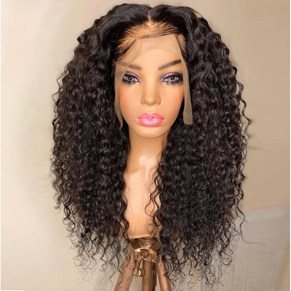 Natural Black Soft Glueless 180Density 26Inch Long Kinky Curly Deep Lace Front Wig For Women With Baby Hair Preplucked Daily