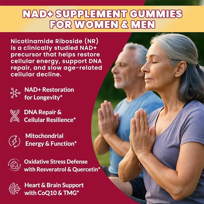 NAD gummies - containing supportive antioxidants, mitochondria, and energy such as resveratrol, quercetin, coenzyme Q10