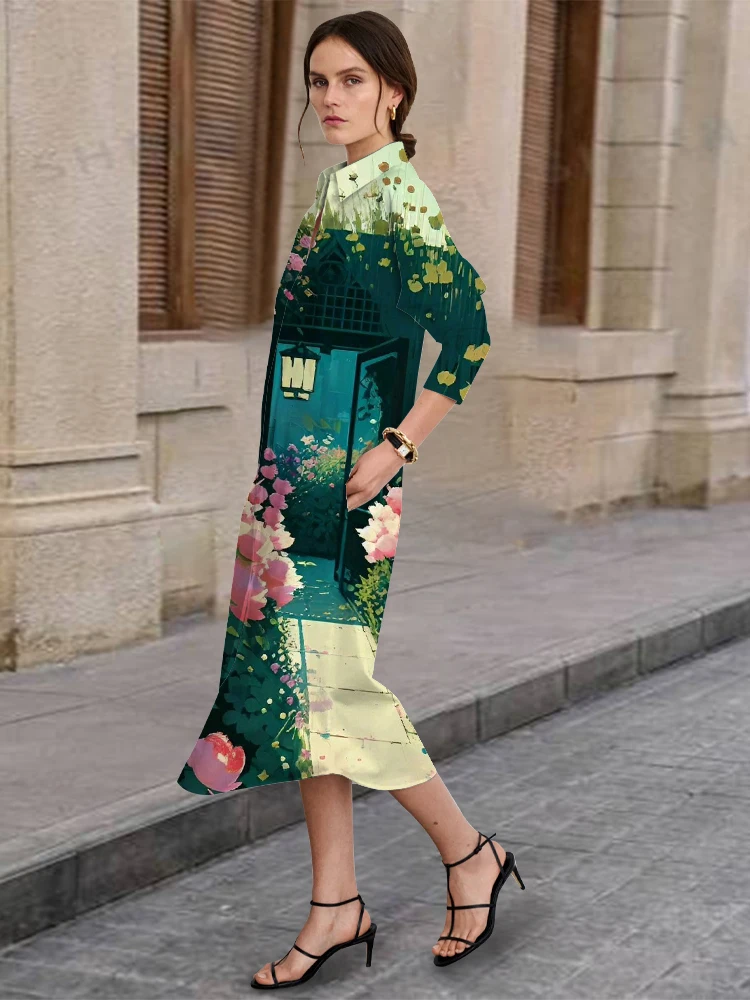 

Hawaiian Style Print Daily Casual Long-Sleeved Lapel Dress Spring and Autumn Women's Street Fashion Single-Breasted Shirt Dress