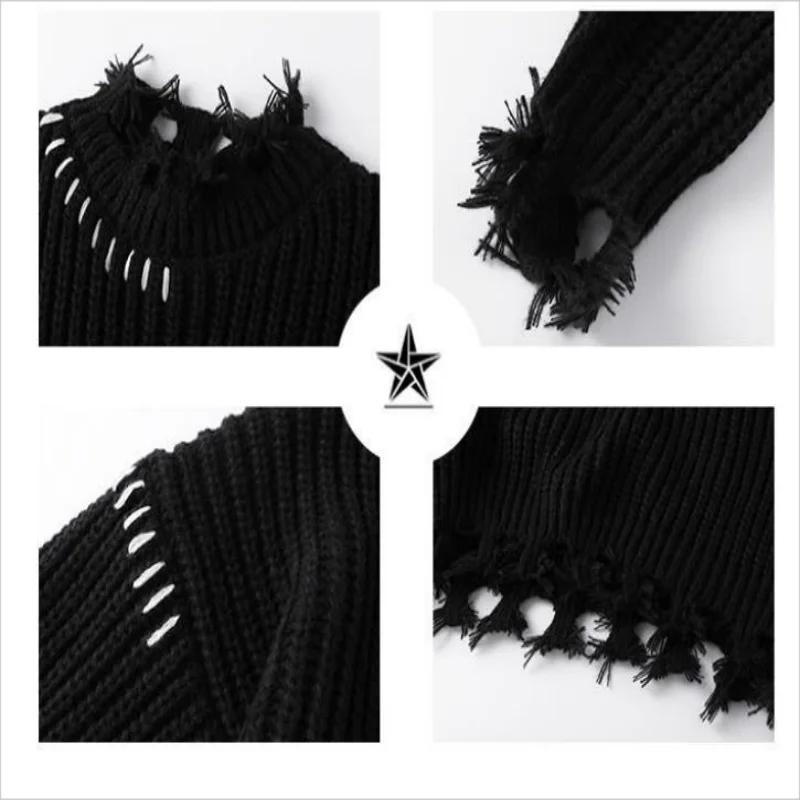 Femme Lazy Loose Irregular Tassels Black Ripped Sweater Women Jumpers Vintage Casual O Neck Long Sleeve Hole Knit Top