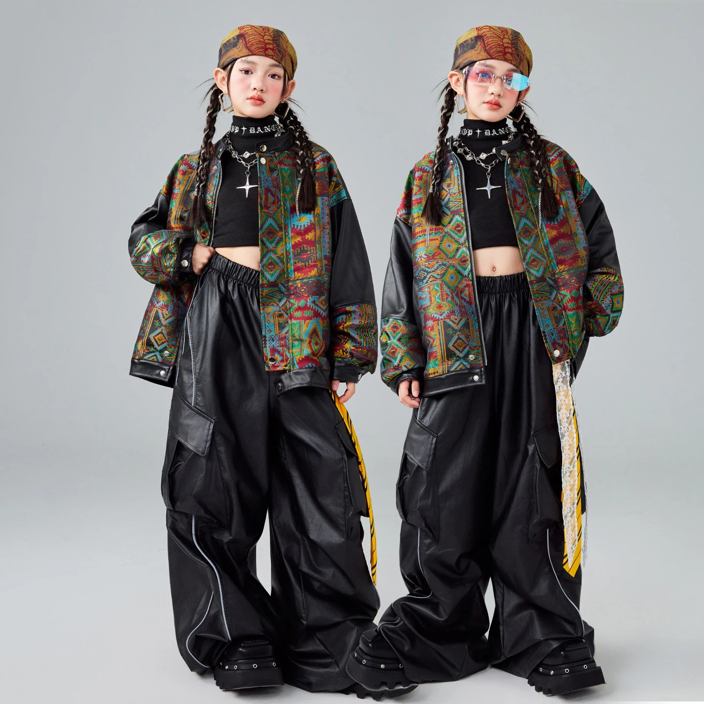 冬子供社交ダンススーツパターンコート革パンツ女の子のためのジャズダンス衣装男の子ヒップホップ服 XS10772