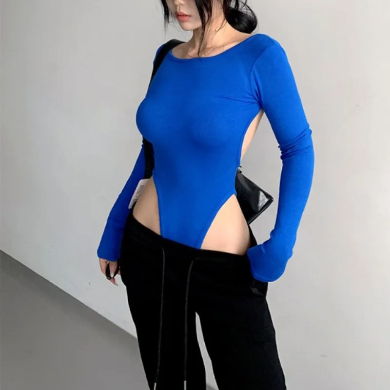 Rückenfreier, ausgehöhlter, würziger Mädchen-Body mit Schnürung, langärmeliges, hoch geschnittenes, einteiliges T-Shirt für Damen, sexy, tägliches Sport-Unterhemd