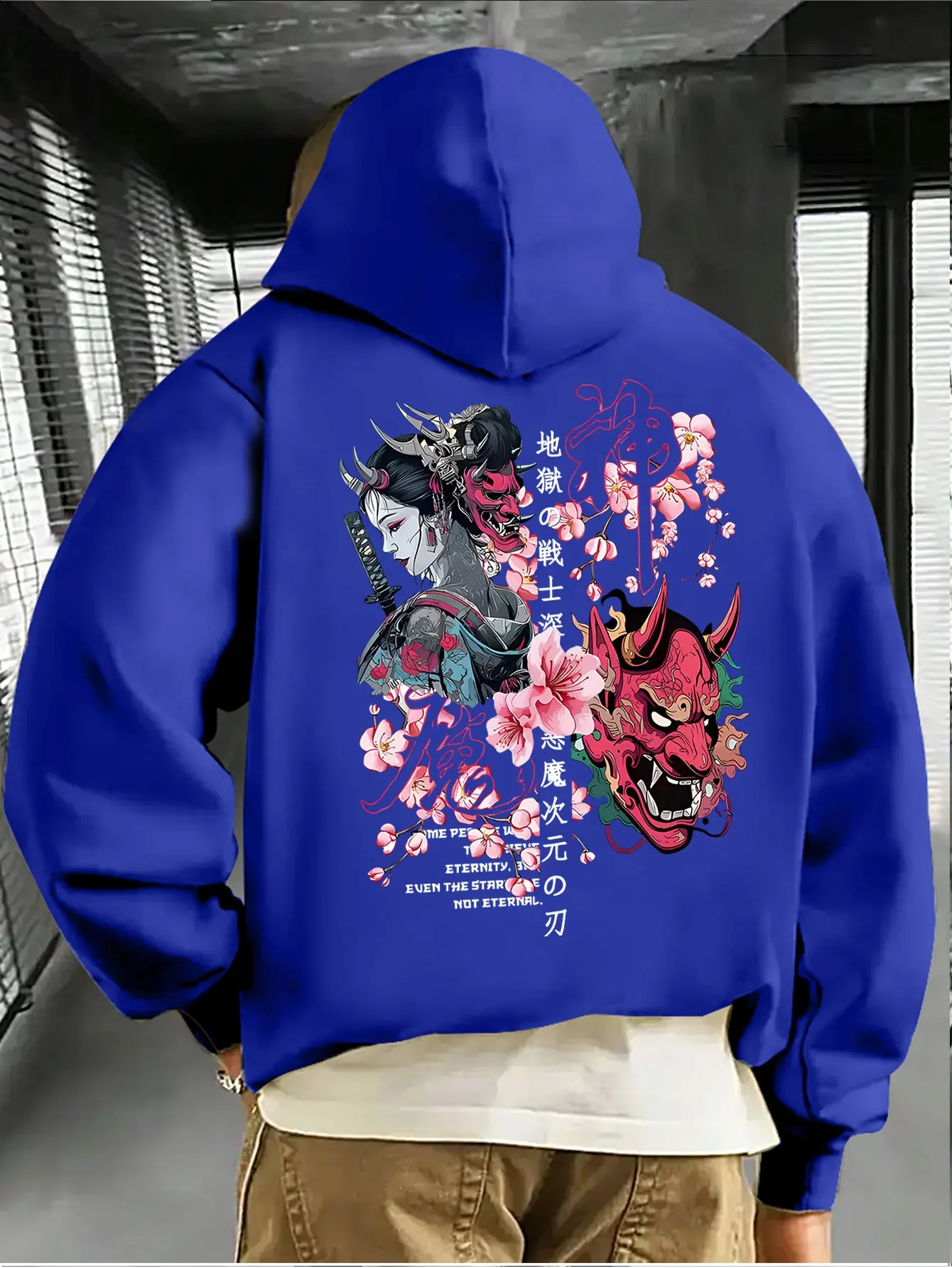 New Autumn/winter Trendy Men's Hooded Sweatshirt Japanese Geisha Hannya Cherry Blossom Samurai Sword Prints Stylish Versatile