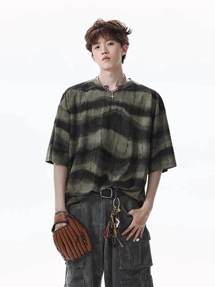 

Men's Summer V-Ne ort Sve T-irt Tear-Wa Cotton Wool Blend Wave Stripe Five-Point f-irt Heavyweight Ice Sensation