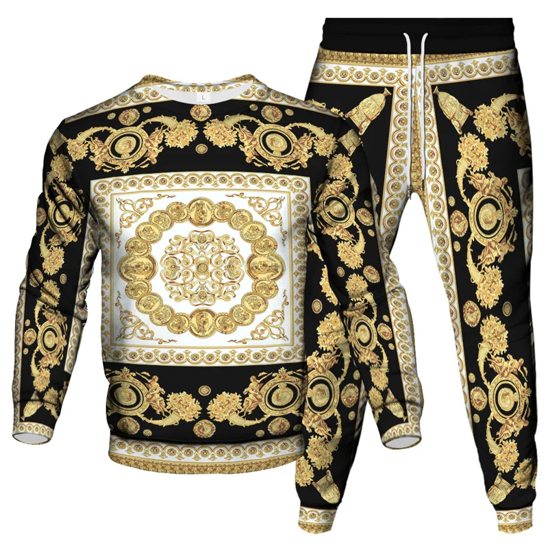 Luxury Vinatge Baroque Style Clothing Suit Men Jogging Pant Sweatshirt 2 Piece Set New Women Fashion Streetwear Tracksuit Sets