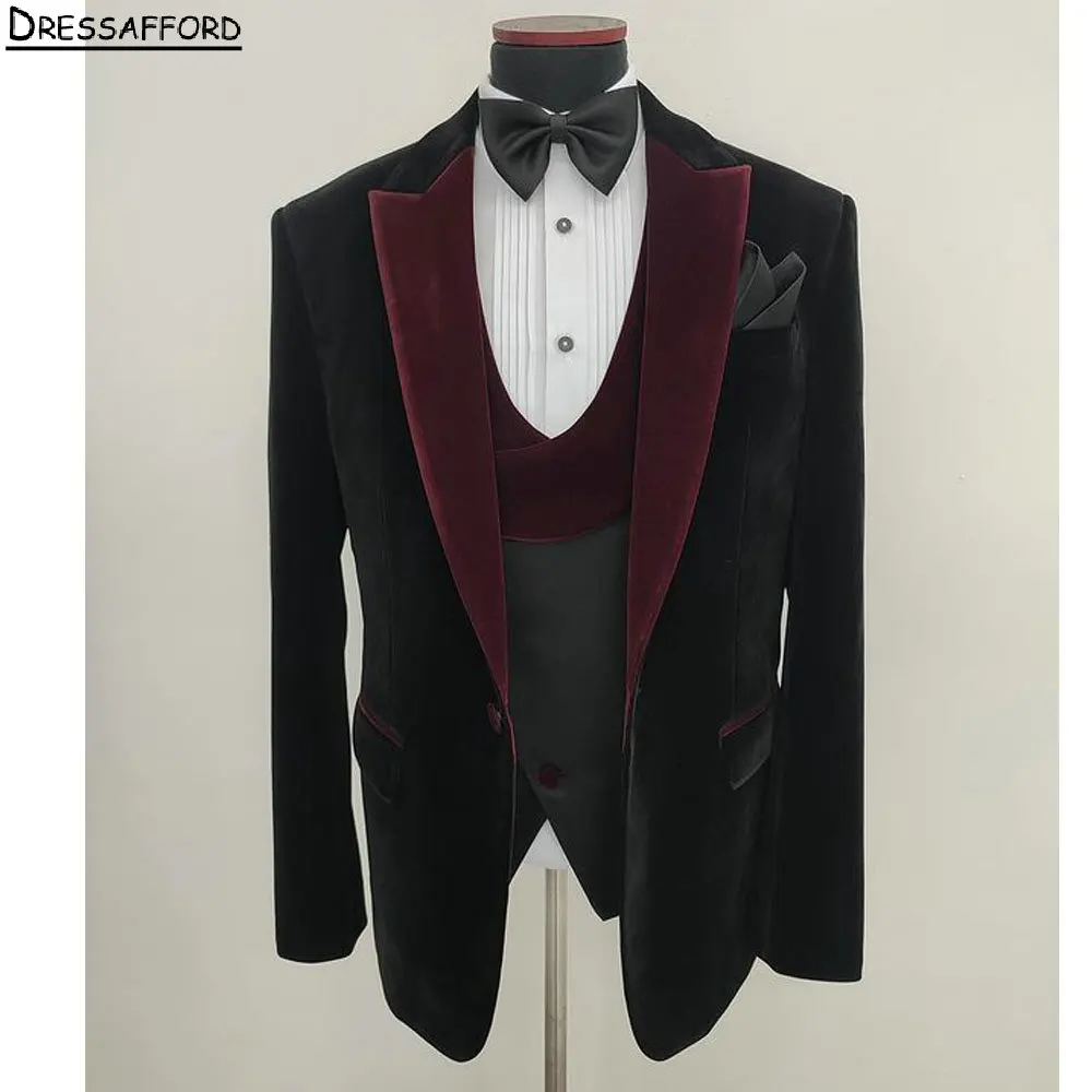 Black Velvet Men Suits For Wedding Groom Tuxedos 3 Pieces Jacket Vest Pants Prom Blazers Customized