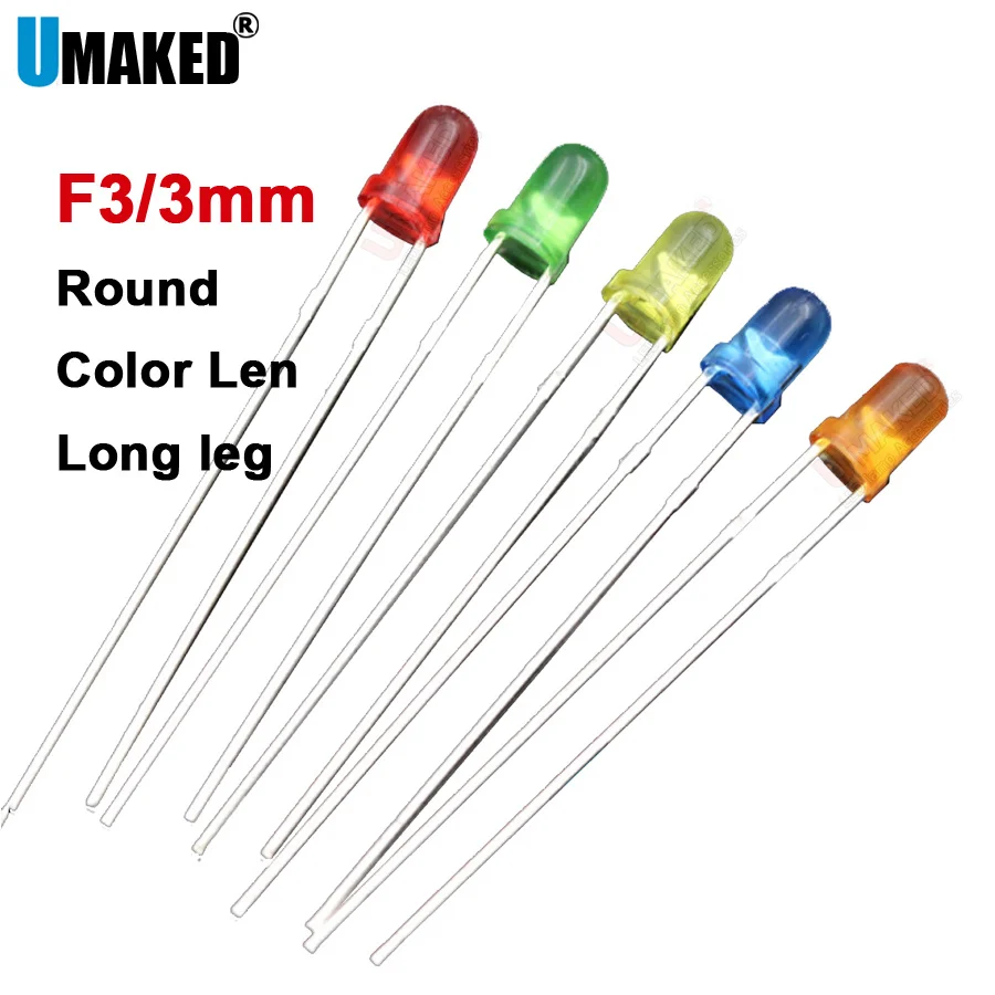 

1000pcs 3mm Color LEN long leg LED round lamps diodes chip light beads F3 led Emitting diodes WW/W/R/G/B/Y Lighting DIY lamp