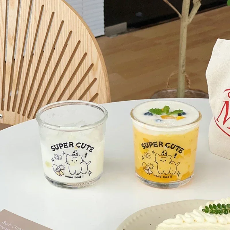 Cute Glass Cup Cold Extract Coffee Dessert Korean INS Style Simple Cartoon Letter Printing Daily Work Life Drinking Cup