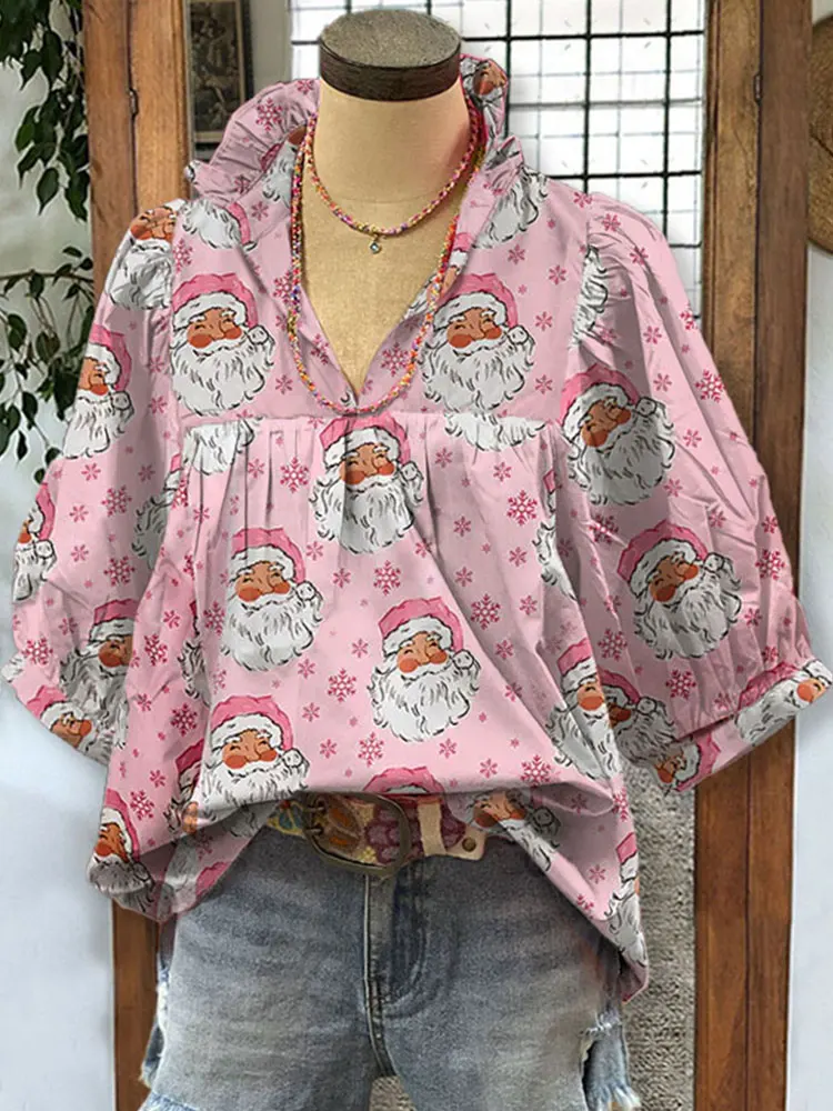 Santa Claus Print Pleated V-neck Puff Sleeve Top Christmas  Blouse