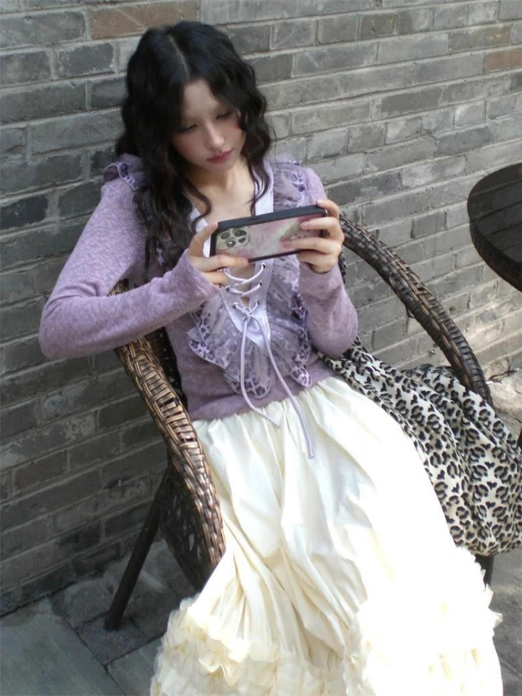 Y2k 美的フリルパッチワークセーター原宿女性セクシーな包帯ストリートウェアジャンパー秋グランジヴィンテージ妖精プルオーバー