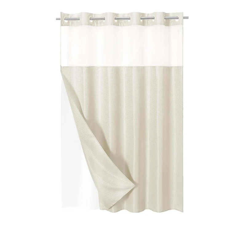 No Hook Waffle-Weave Shower Curtain With Snap-In Fabric Liner Set For Bathroom, Hotel Style With Mesh Top Window