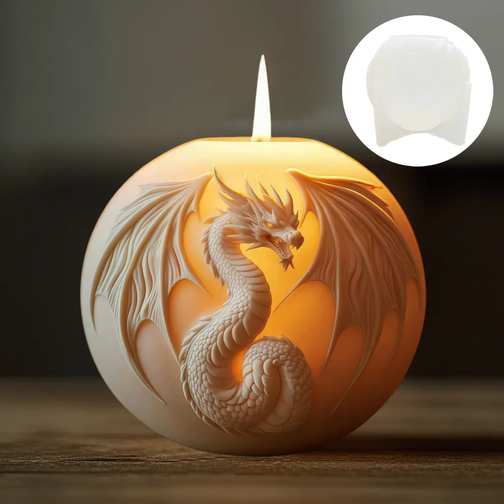 Fire breathing Dragon Relief Round Sphere Candle Silicone Mold Flying Dragon Wing Dragon Relief Sphere Resin Gypsum Molds view 6