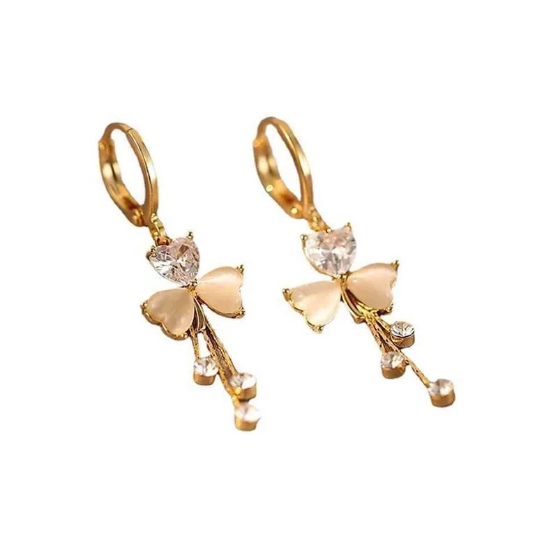 Temperament Clover Crystal Opal Flower Drop Dangle Earring for Women Charm Gold Color Long Tassel Stud Bride Jewelry Accessories