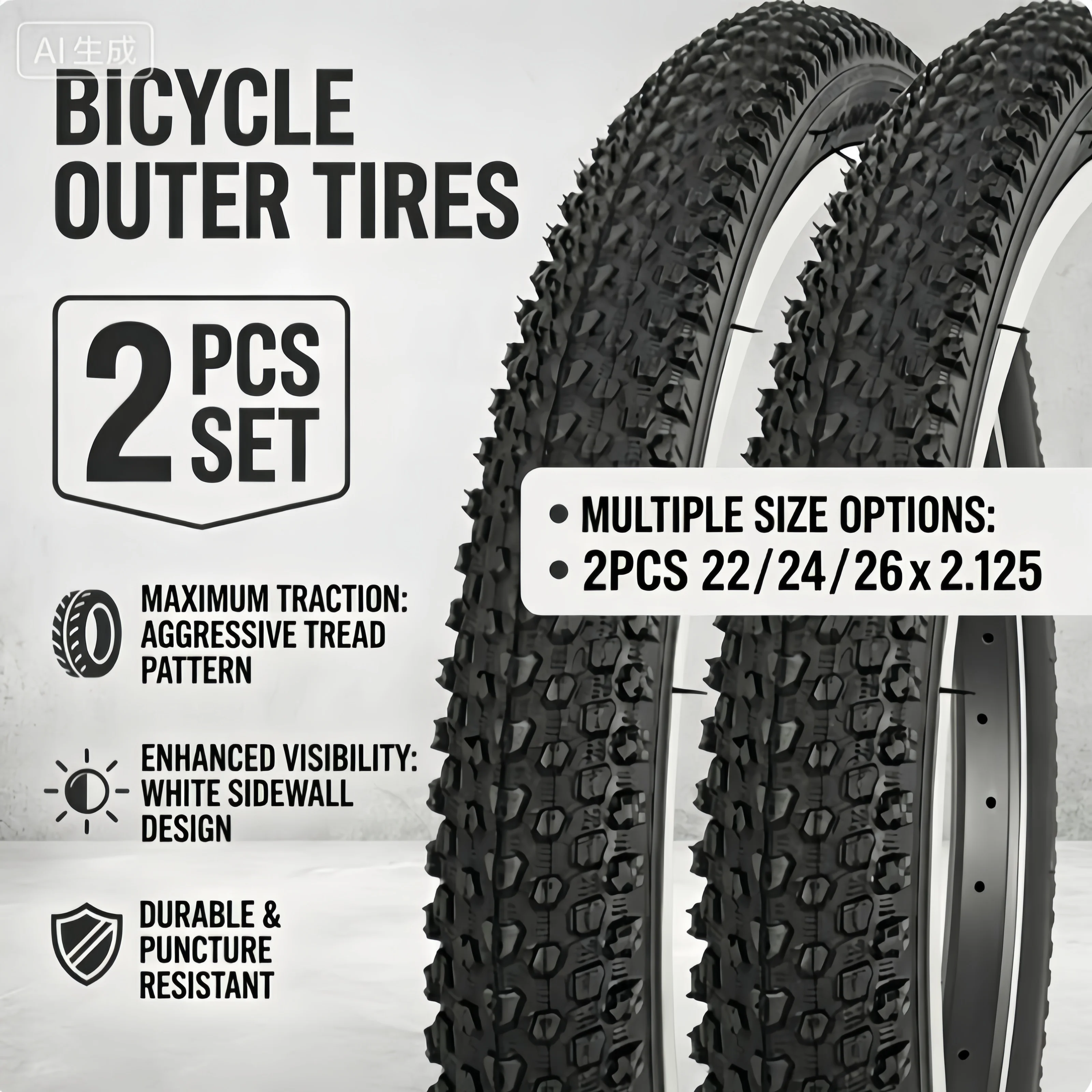 2PCS MTB Bike Tires 22x2.125 24x2.125 26x2.125 Inch Bicycle Outer Tyres 2-Pack All-Terrain Replacement Parts
