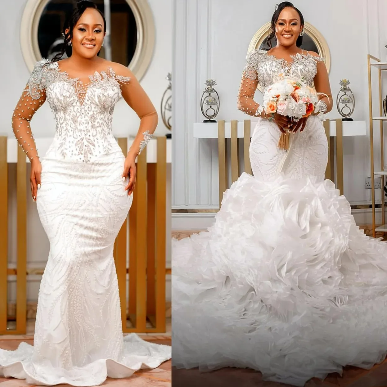 

Customized Sheer Neck Handwork Beads Sequins Wedding Dress Robe De Mariée Long Sleeves Bridal Gown with Detachable Tiers Train