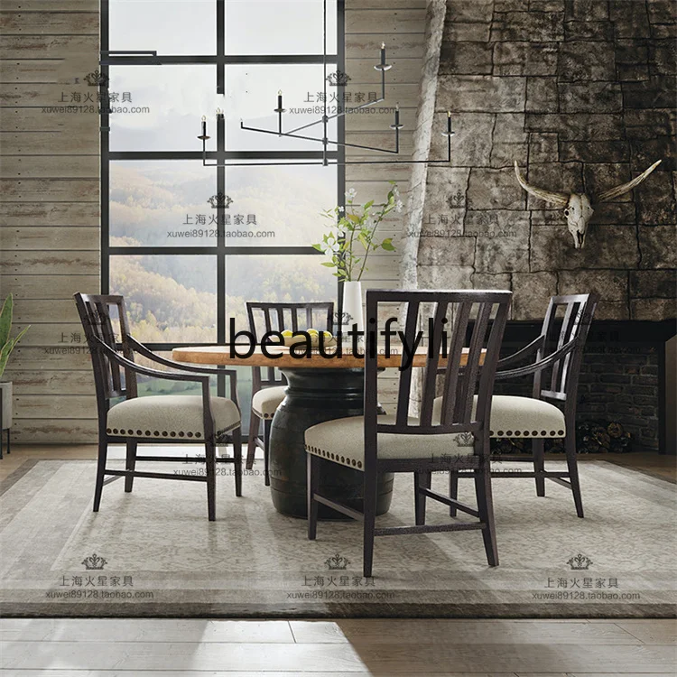 

American rural retro solid wood simple round dining table and chair combination French small apartment restaurant home