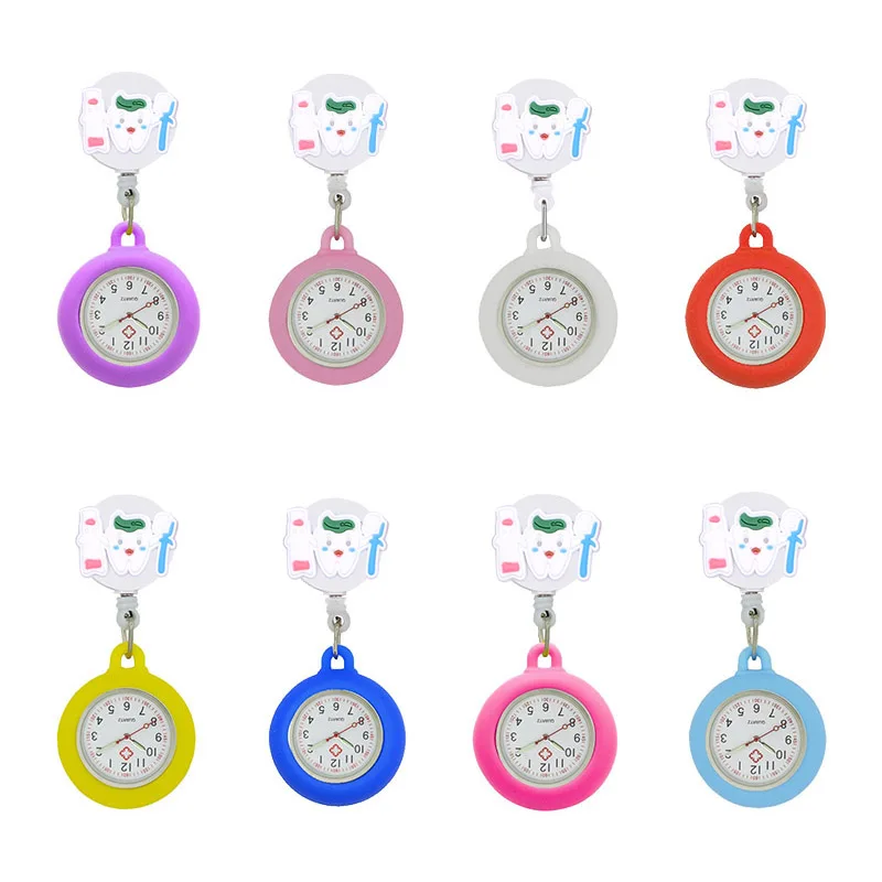 

YiJia Wholesale 10pc Quartz Pocket Nurse Watch Cartoon Teeth Retractable Badge Reel Dentist Reloj with Silicone Case