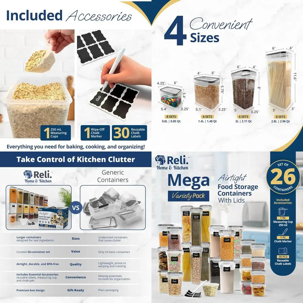 

BPA-Free 26-Piece Food Storage Containers with Lids, Labels, and Measuring Cup | Kitchen Storage Solutions