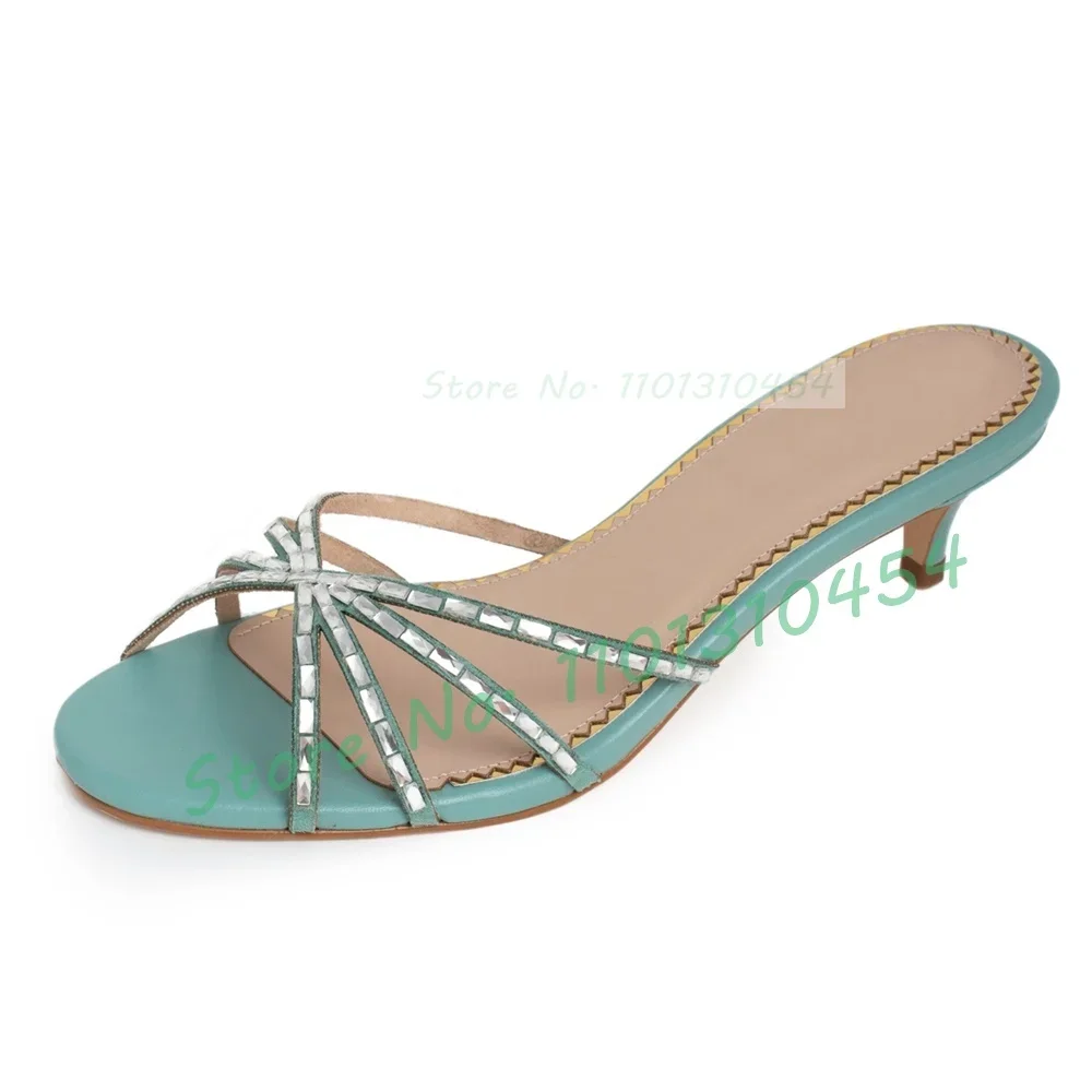 Crystal Cross Strap Med Heel Slippers Women Concise Bling Crocodile Metallic Opene Toe Slippers Ladies Summer Shallow Shoes