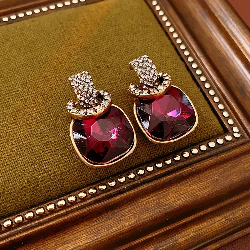 Purple Inlaid Rhinestone Square Geometric Earrings for Women European and American Light Luxury Temperament Wedding  Jewelry