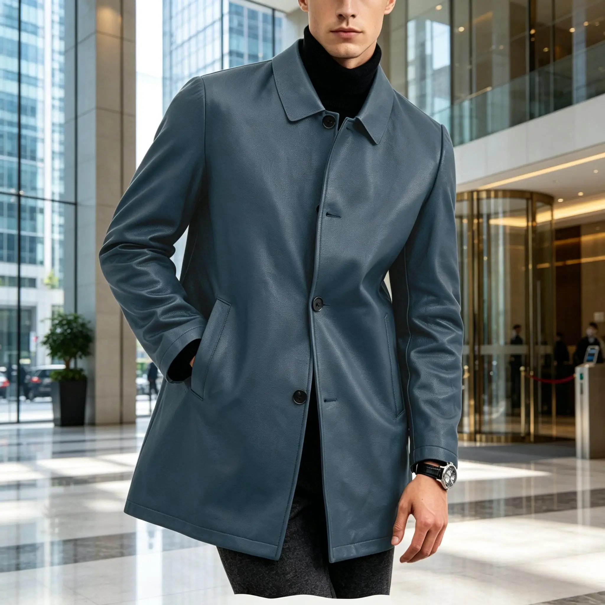 

Men Premium Leather-Like Trench Coat Turn-Down Collar Single Breasted Mid-Length Overcoat Classic Slim Fit Business Casual Wear