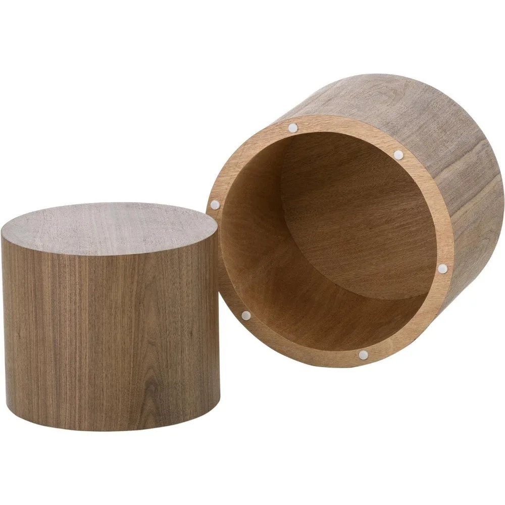 Nesting Coffee Table Set of 2, Walnut Round Wooden Coffee Tables Modern Circle Table