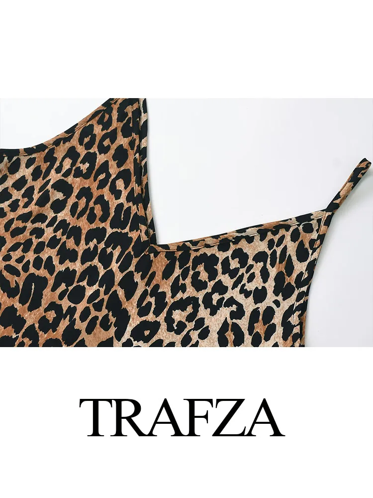 TRAFZA Women 2 Piece Set Vintage Leopard Printed Sexy V Neck Sleeveless Sling Top+Summer High Waisted Zipper Long Skirt Mujer