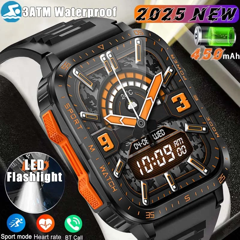 

2025 New Men 3ATM Waterproof Outdoor Military Smartwatch Men LED Lighting 450mAh GPS Motion Tracking Bluetooth Call Smart Watch