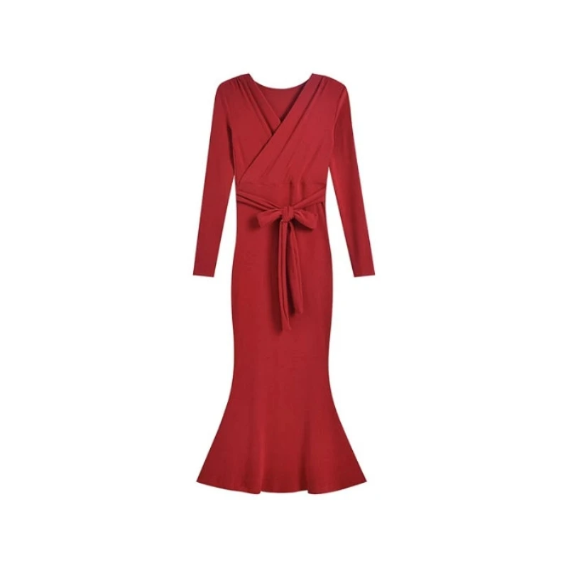 مثير الخامس الرقبة فستان بأكمام طويلة المرأة الخريف سليم الورك ذيل السمكة فستان طويل