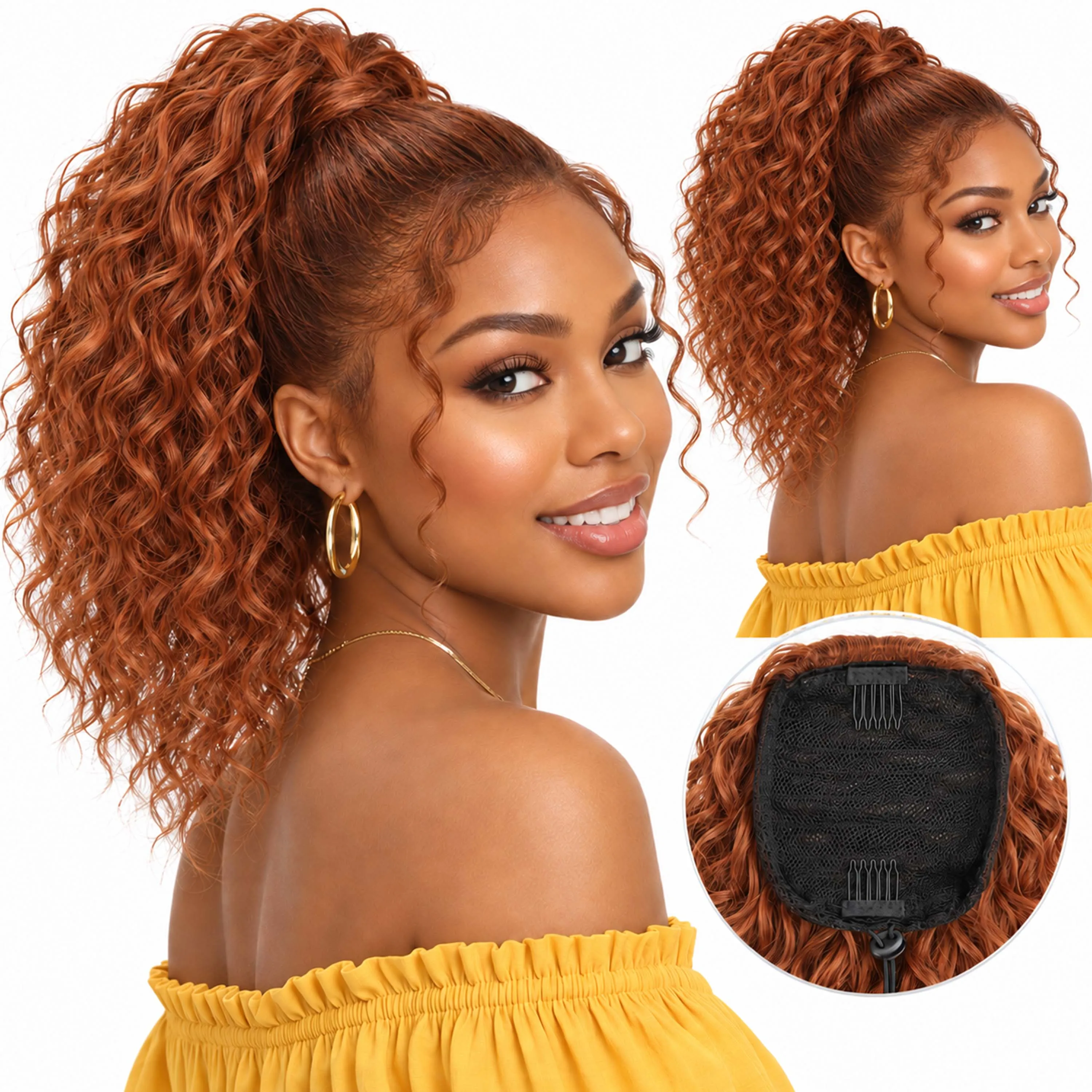 10 inch Orange Deep Ponytail Short Wavy Curly Pony Tails Hair for Extension Drawstring for White Women Fluffy Natural Looking