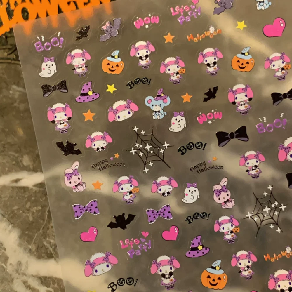 Pegatinas de uñas Sanrio de dibujos animados de colección de Halloween, calcomanías de Anime de HelloKitty Melody Kuromi, decoración de uñas, prensa DIY en uñas