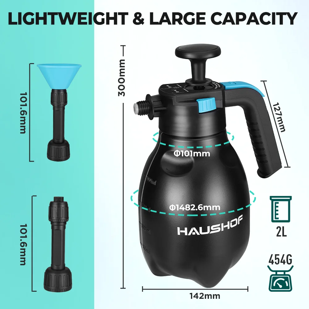 HAUSHOF Spruzzatore di schiuma con pompa manuale da 2 litri con 2 tipi di ugelli Cannone per schiuma pneumatico manuale Schiuma di neve Bottiglia spray per autolavaggio Finestra di automobile