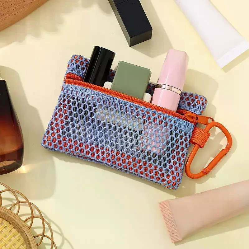 Transparent Mesh Makeup Bag Stylish Portable Cosmetic Pouch with Zipper Flat Design for Toiletries and Makeup Storage