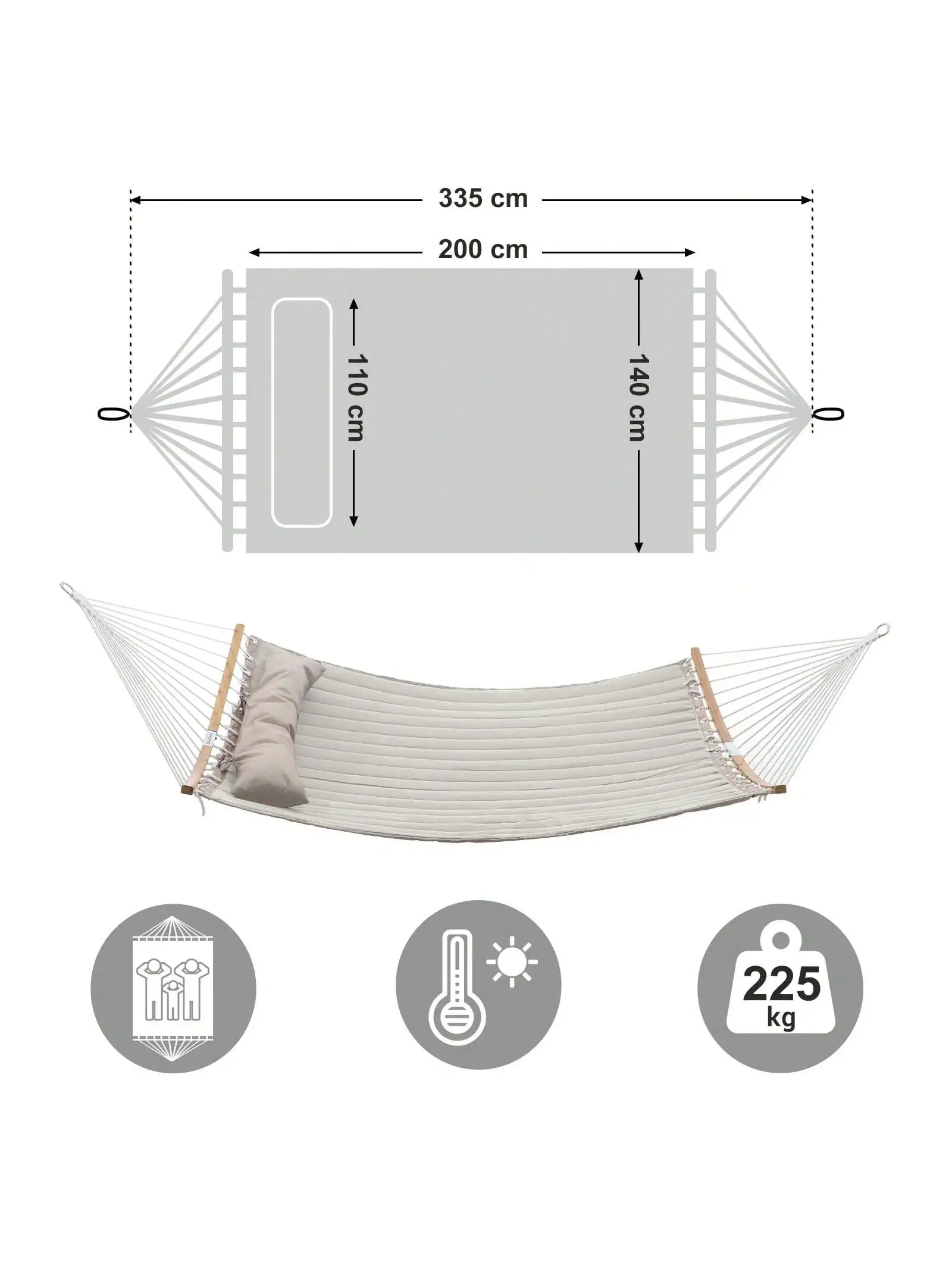 SONGMICS amaca doppia imbottita: barre di bambù curve rimovibili, amaca da campeggio con cuscino, 200x140cm, capacità 225kg, grigio/Beige.