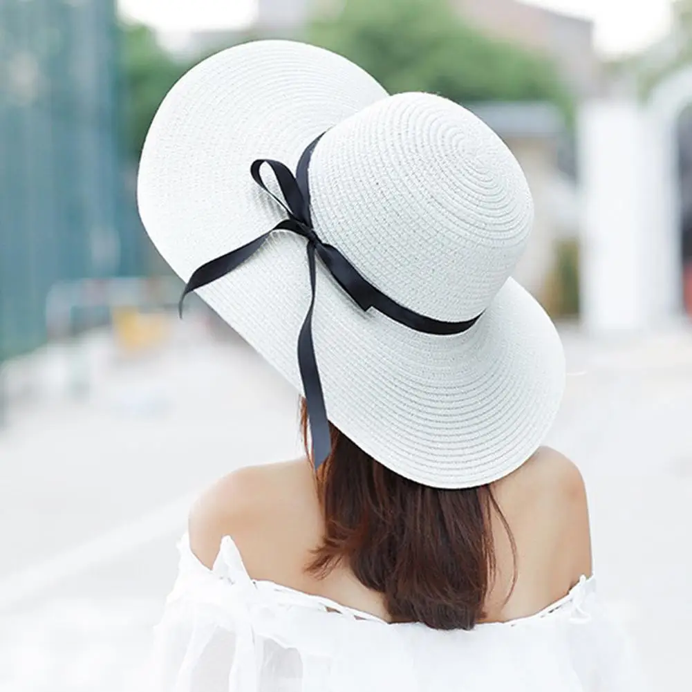 Women Beach Sun Visor Large Brim Floppy Straw Hat Summer Bow Cap Casual Summer Sun Hats Foldable UV Protection Beach Straw Hats