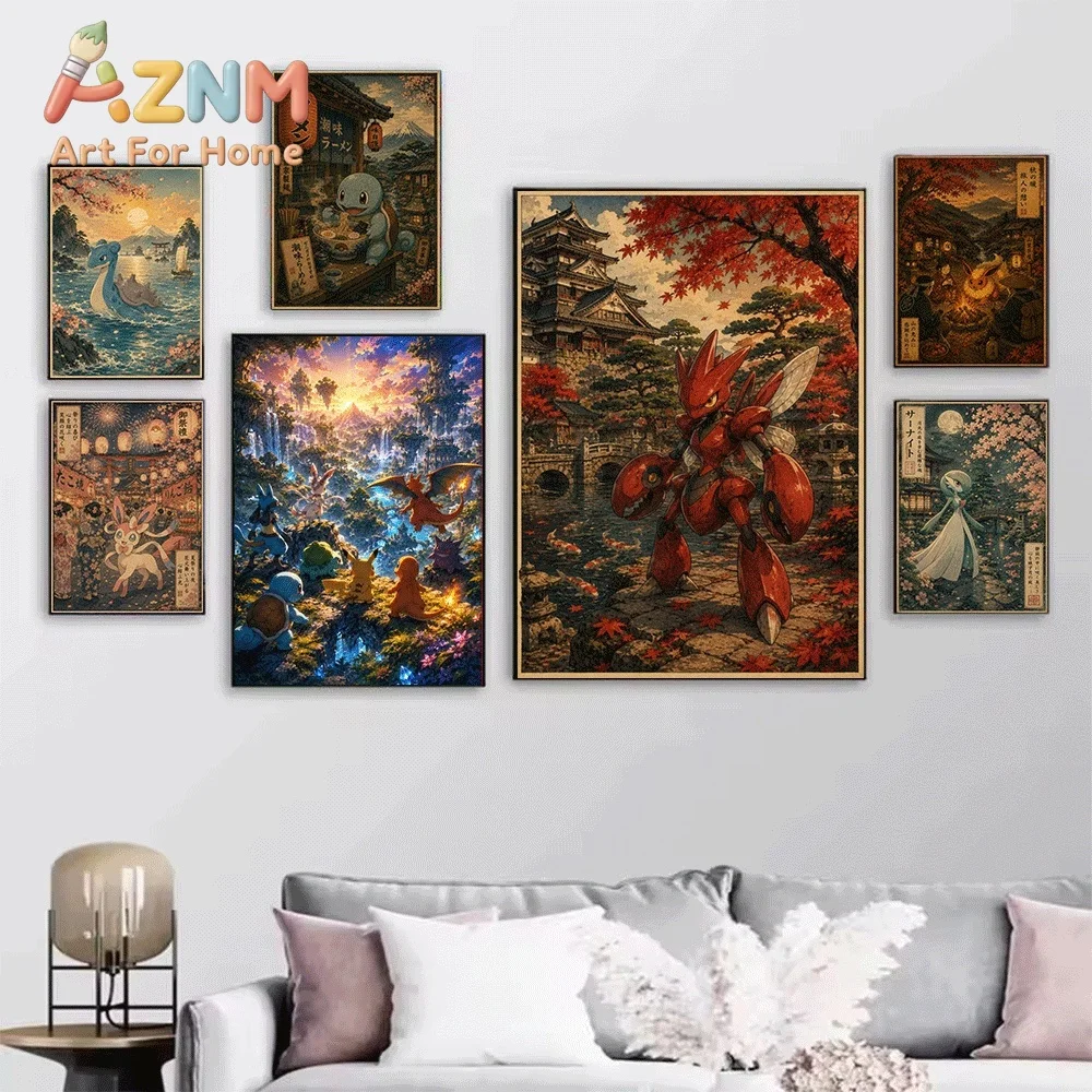 Pokemon Vintage Style Canvas Poster No Frame Anime Characters Eating Ramen Print Wall Art Home Bedroom Living Room Decor Artwo