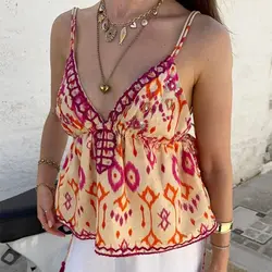 TEELYNN Boho Beach Floral Print Embroidery Camis for Women Tops Casual Deep V Neck Sleeveless Backless Tassel Strap Top Summer
