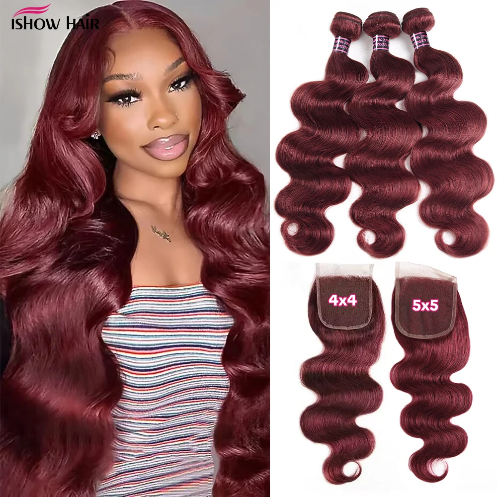 99J بورجوندي الجسم موجة حزم مع 4x4 الدانتيل إغلاق حزم الشعر البشري مع إغلاق 5x5 Lcae إغلاق ريمي شعر مستعار بشري #1